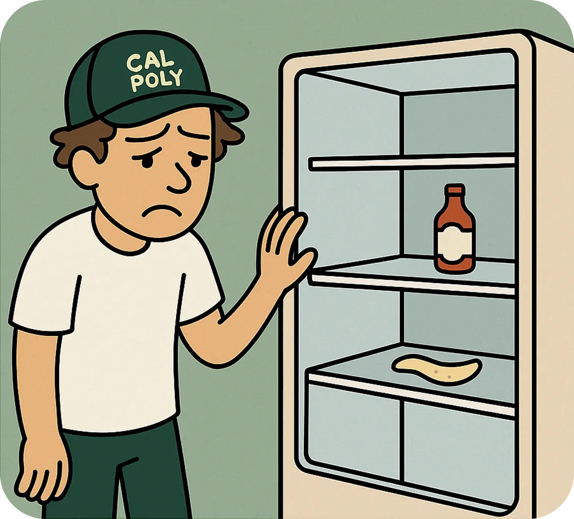 Sad student with empty fridge